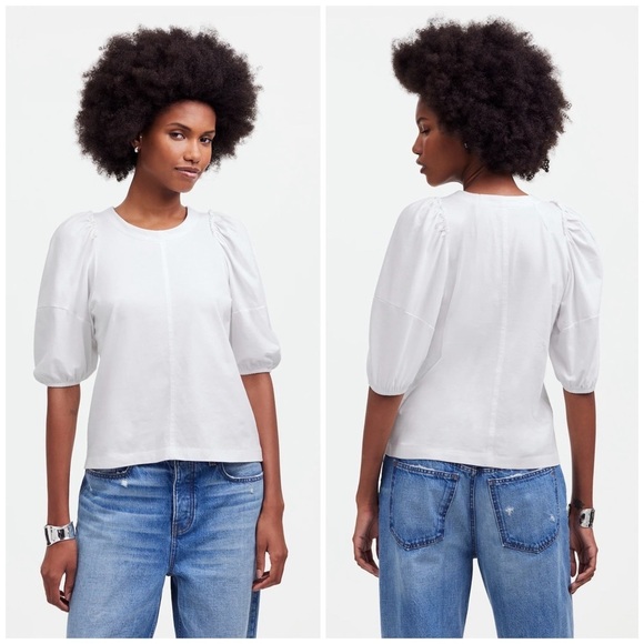 NWT Madewell Puff-Sleeve Tee in Eyelet White, Size XS - Picture 1 of 14